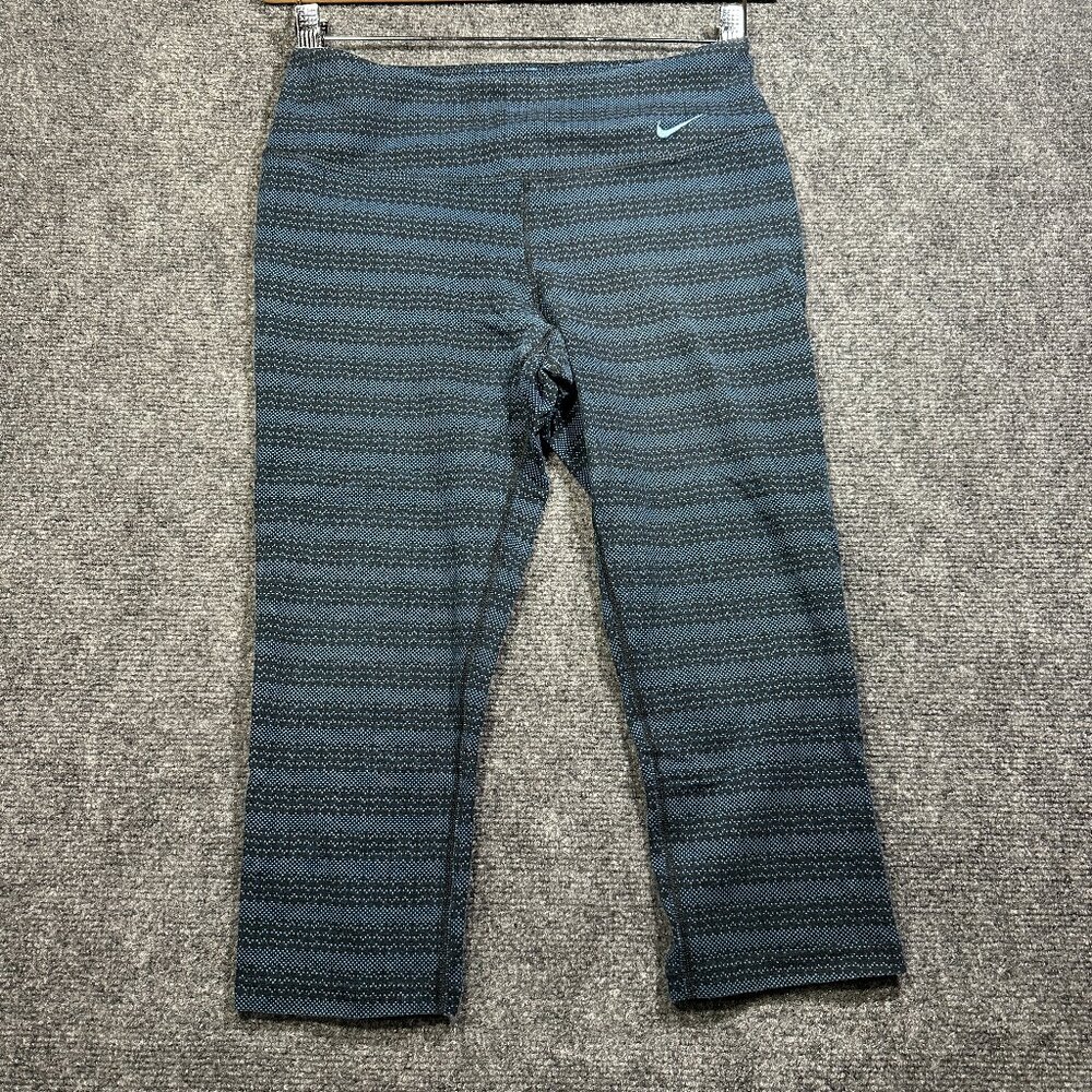 Nike Dri Fit Pants Womens Medium Blue Stripe Stretch Compression Run Yoga Crop